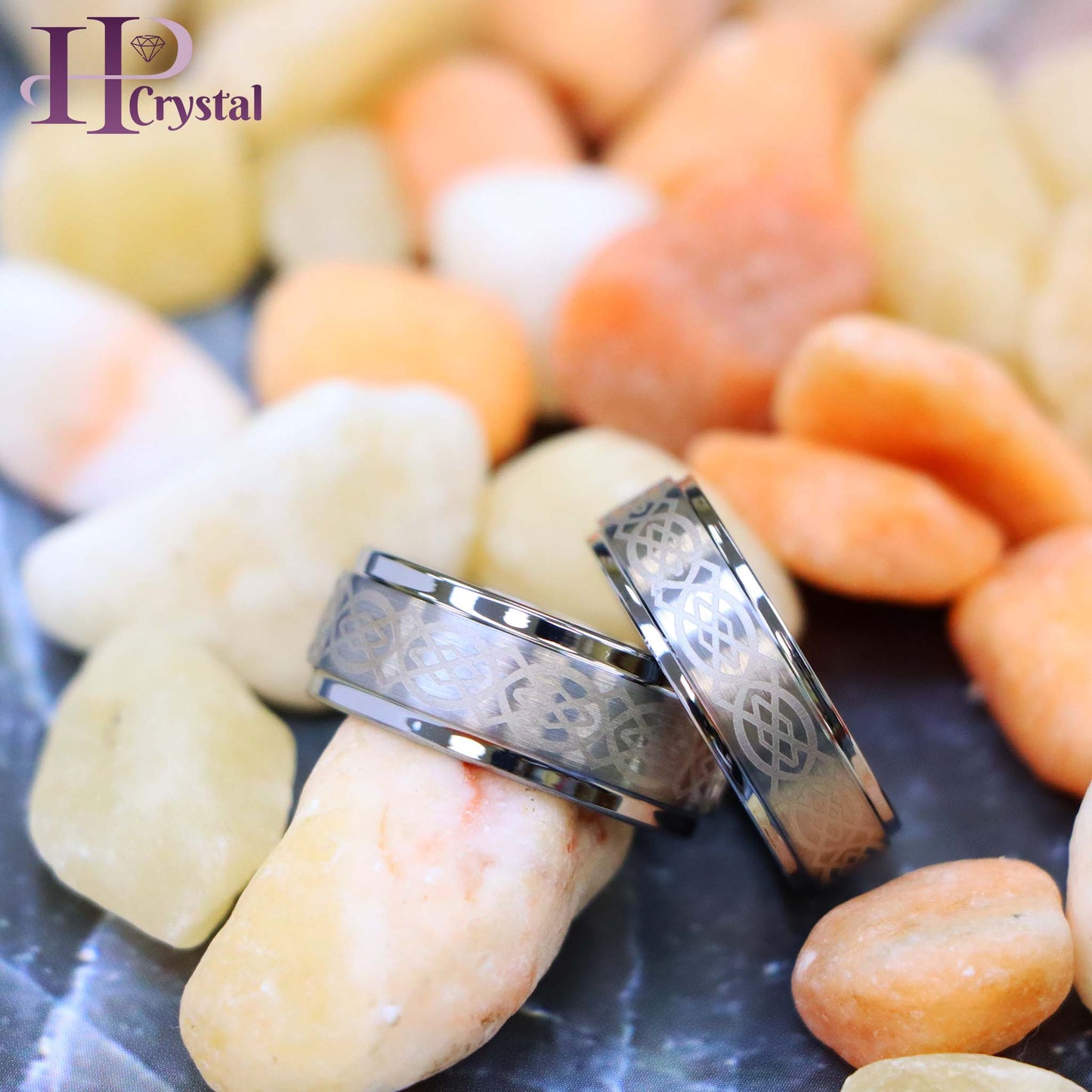 Brushed Center Laser Engraved Celtic Pattern Tungsten Ring