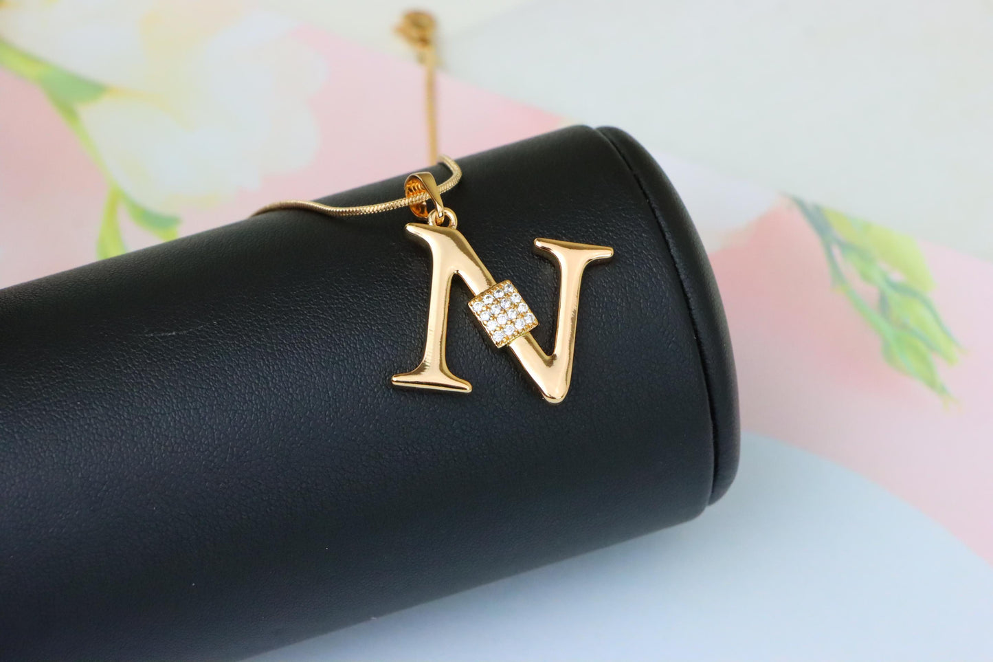 Rose Gold N Initial Pendant with Dazzling CZ Crystals, XPPT1425 (2136-1)