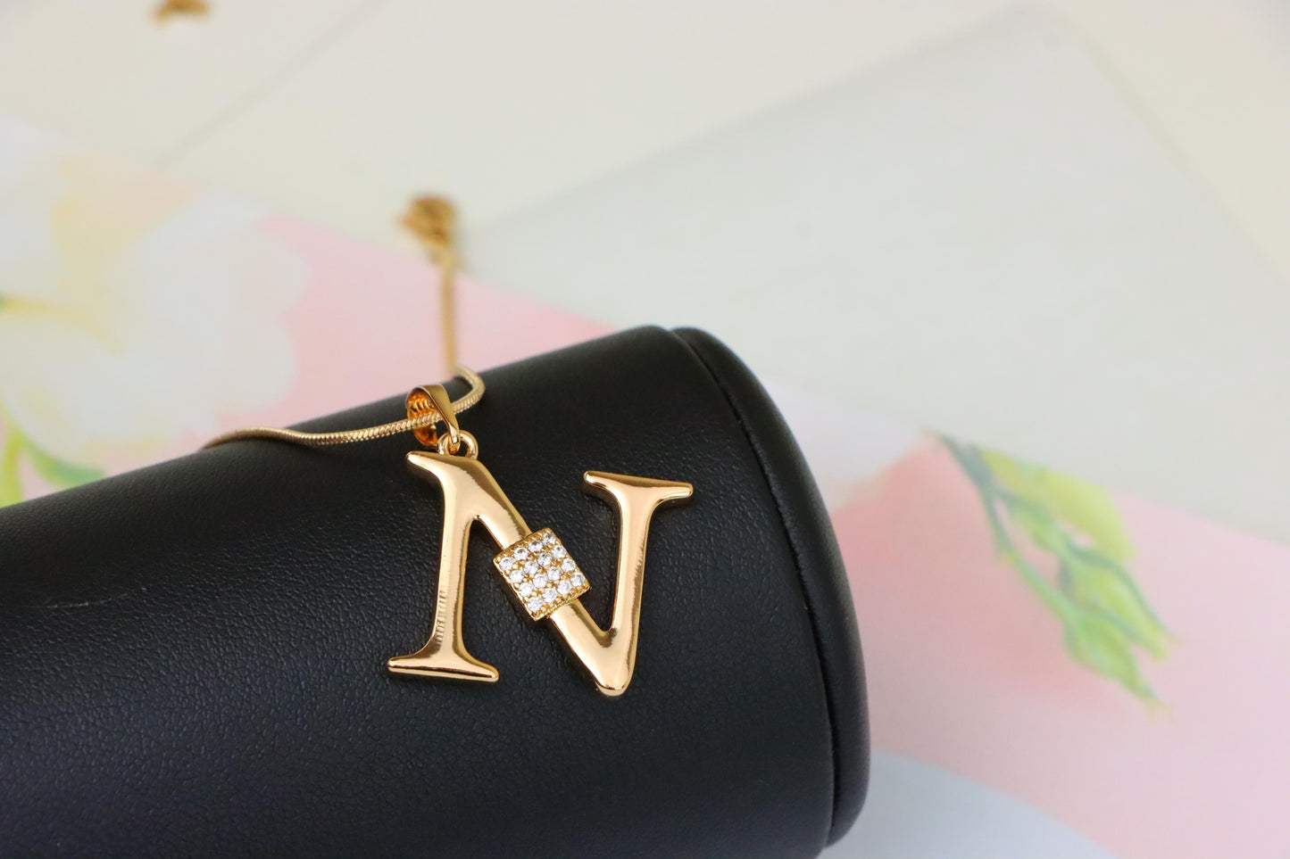 Rose Gold N Initial Pendant with Dazzling CZ Crystals, XPPT1425 (2136-1)