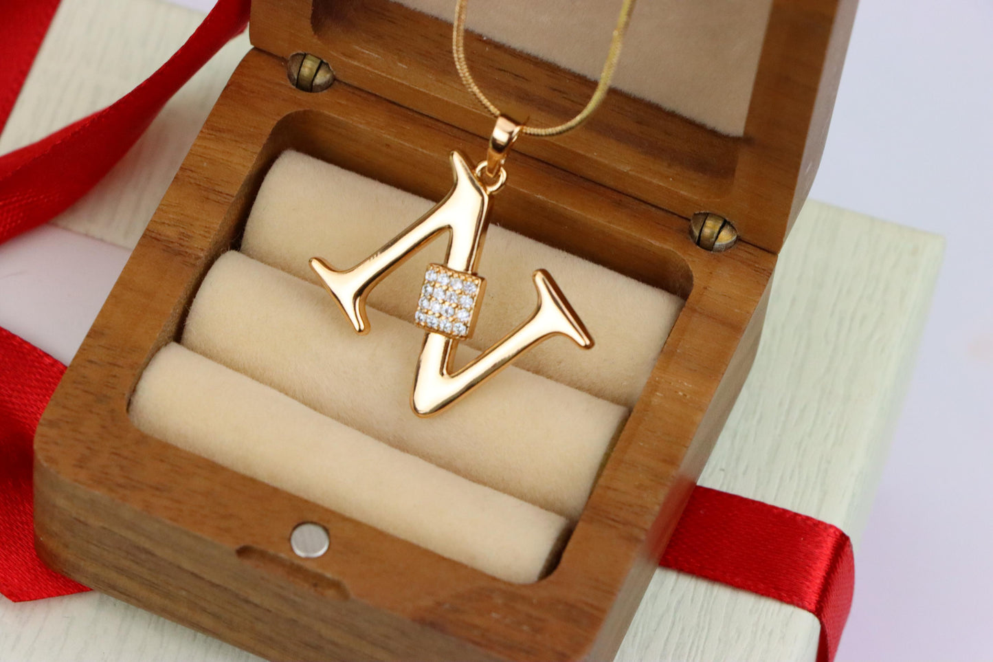 Rose Gold N Initial Pendant with Dazzling CZ Crystals, XPPT1425 (2136-1)
