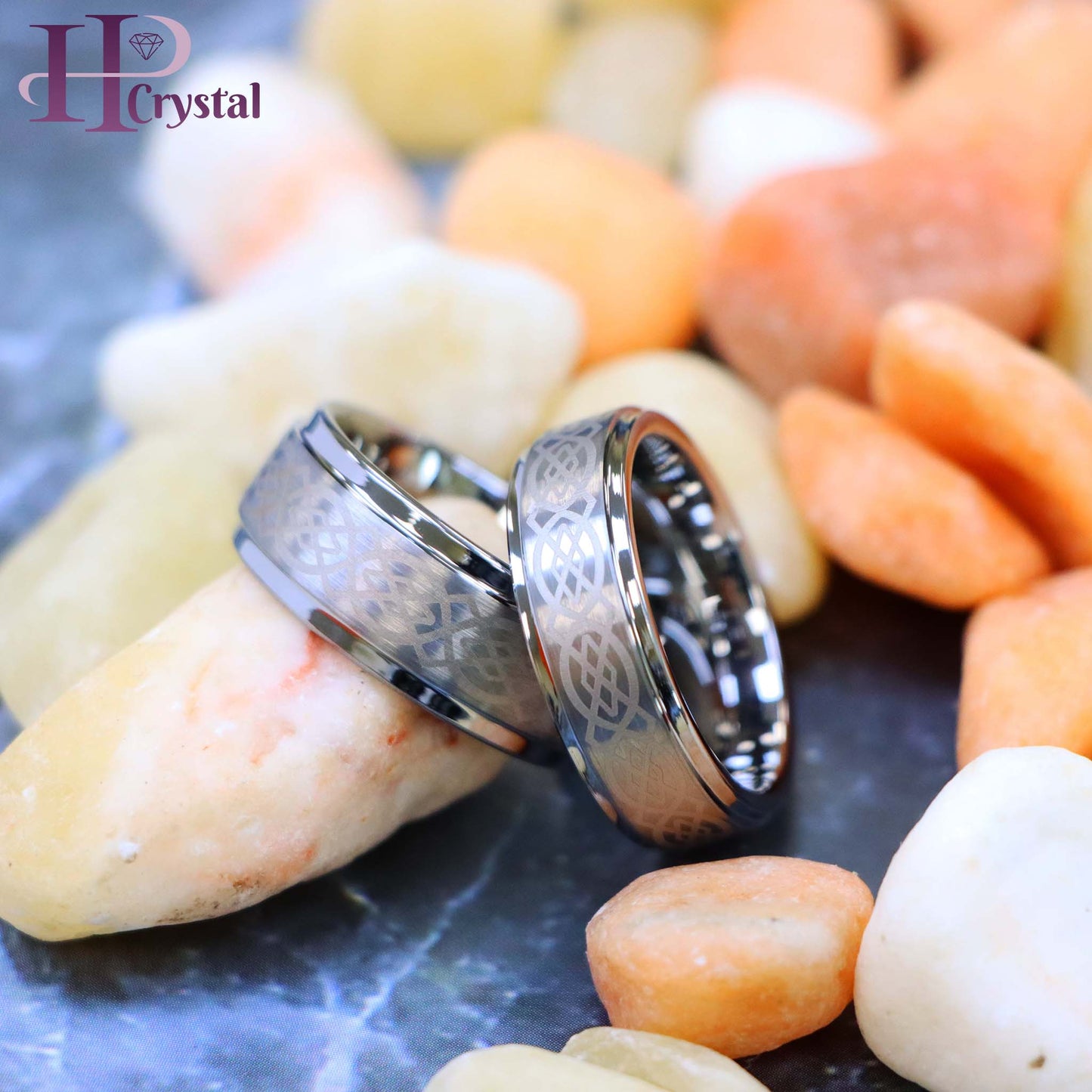 Brushed Center Laser Engraved Celtic Pattern Tungsten Ring