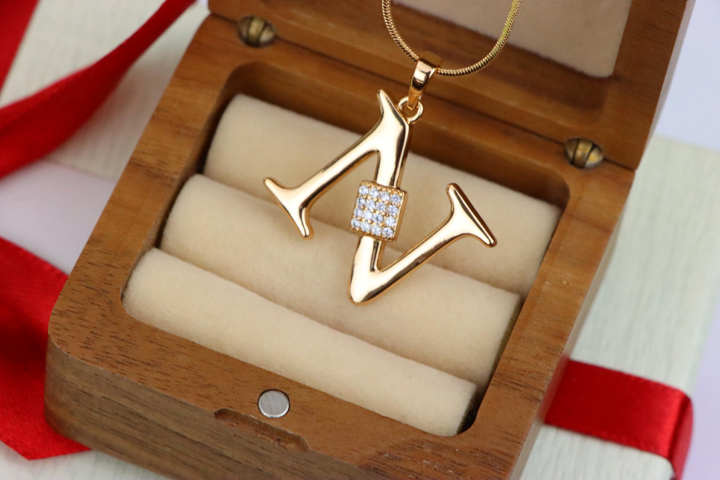 Rose Gold N Initial Pendant with Dazzling CZ Crystals, XPPT1425 (2136-1)