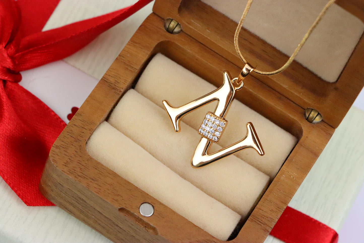 Rose Gold N Initial Pendant with Dazzling CZ Crystals, XPPT1425 (2136-1)