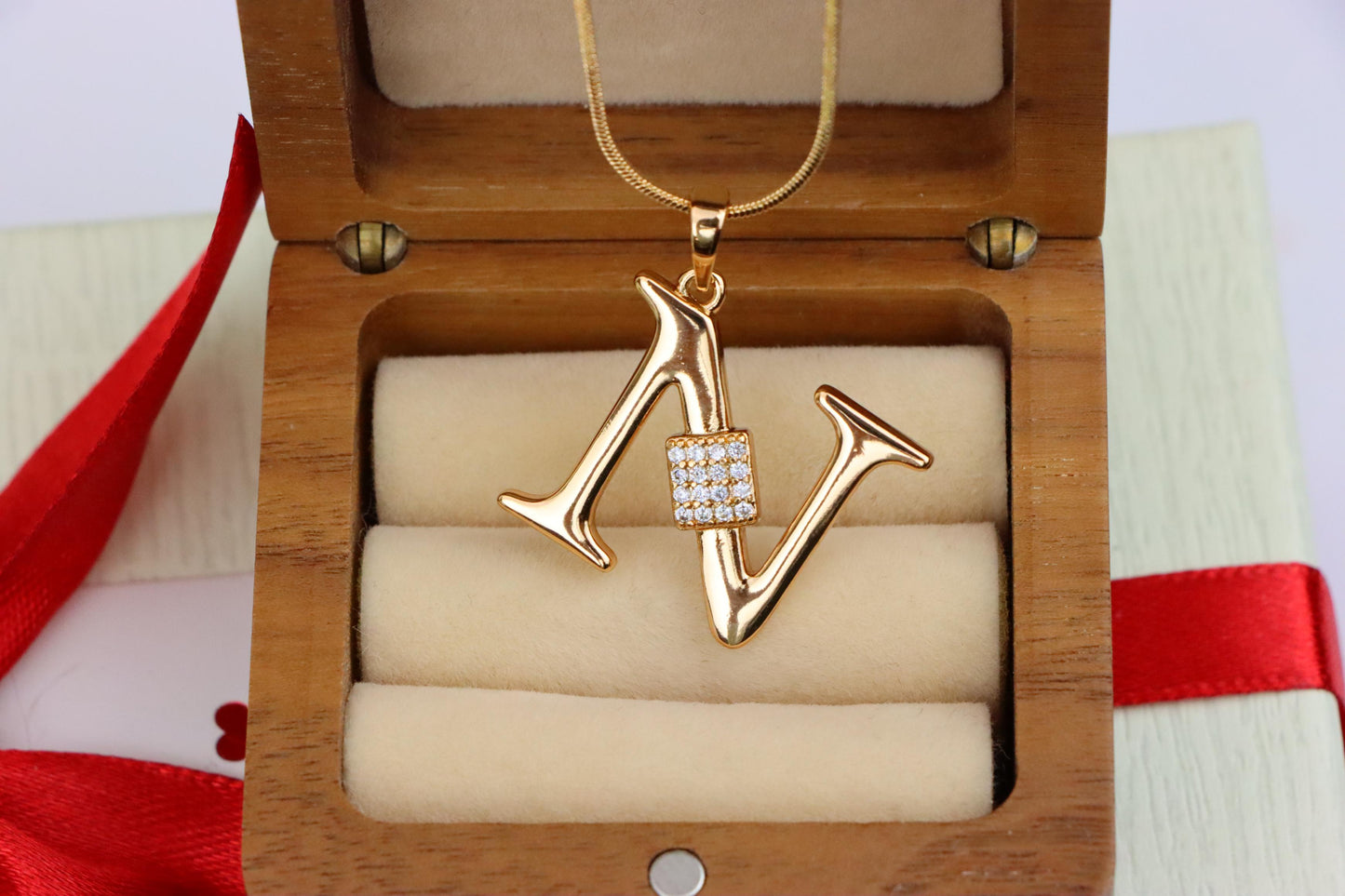 Rose Gold N Initial Pendant with Dazzling CZ Crystals, XPPT1425 (2136-1)