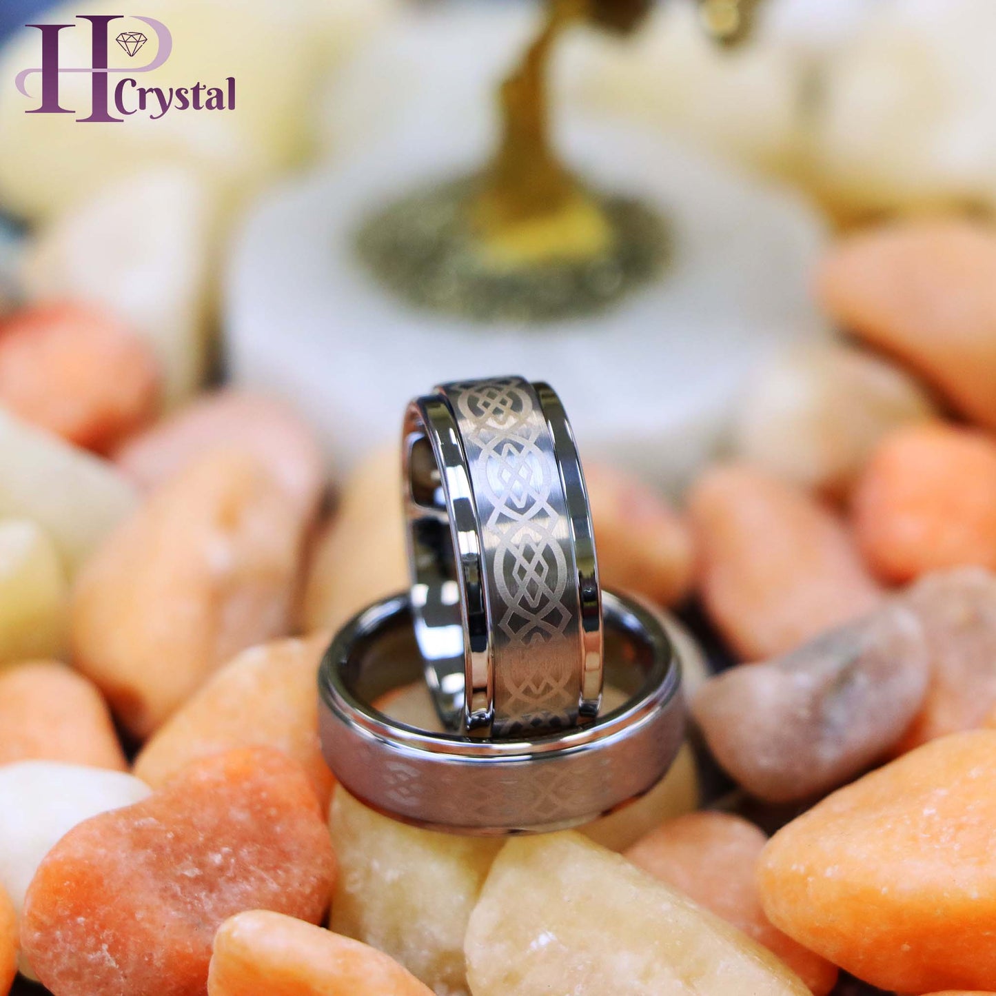 Brushed Center Laser Engraved Celtic Pattern Tungsten Ring