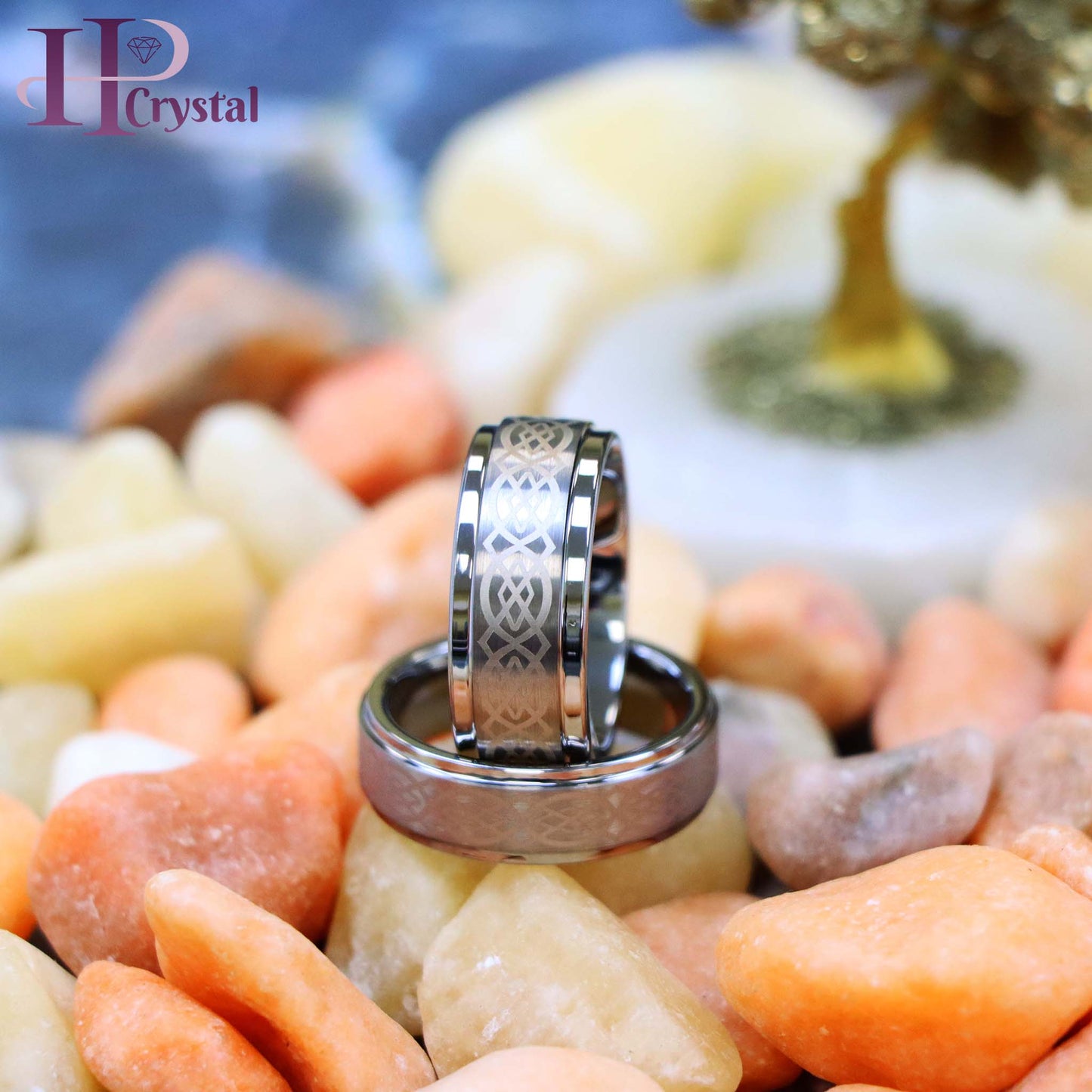 Brushed Center Laser Engraved Celtic Pattern Tungsten Ring
