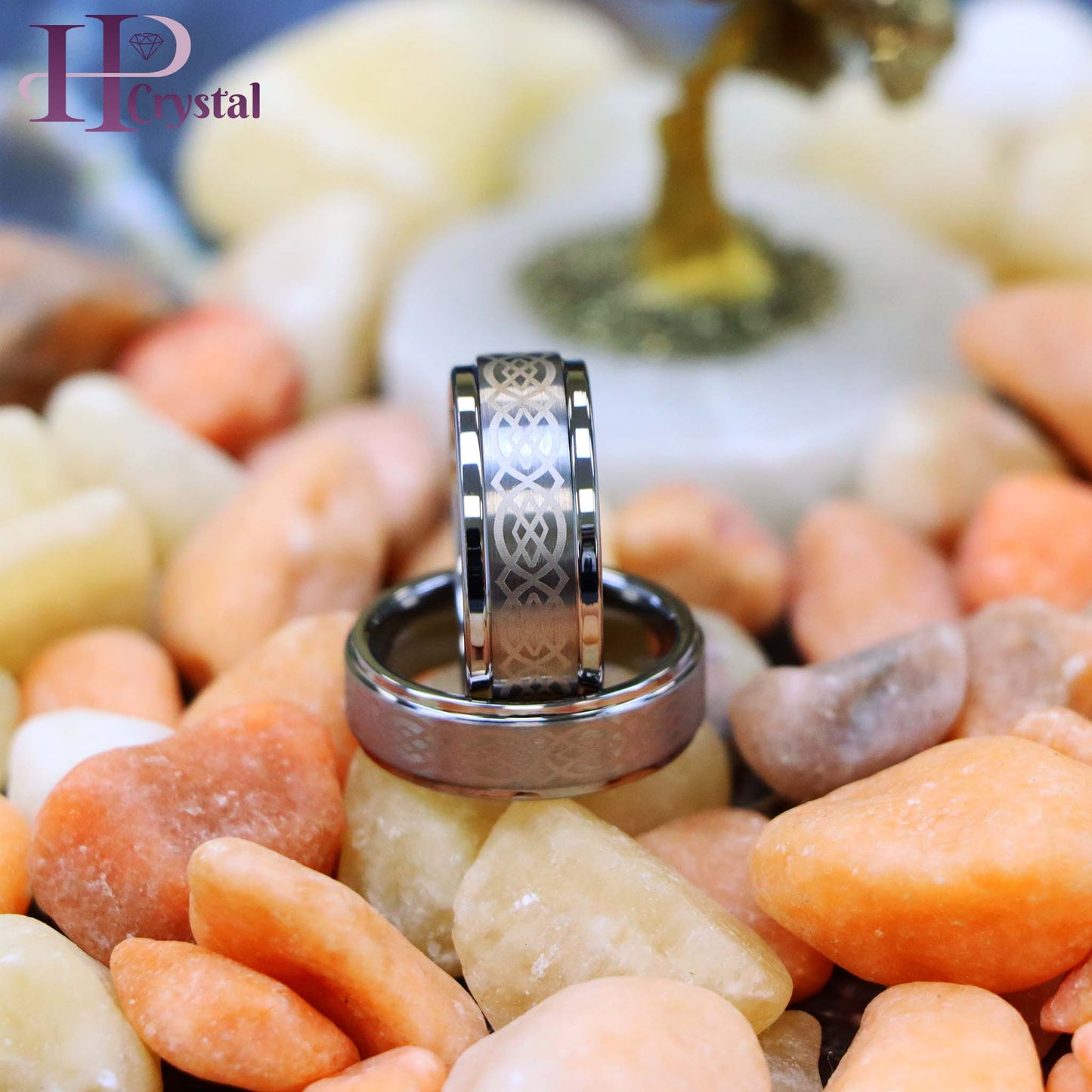Brushed Center Laser Engraved Celtic Pattern Tungsten Ring