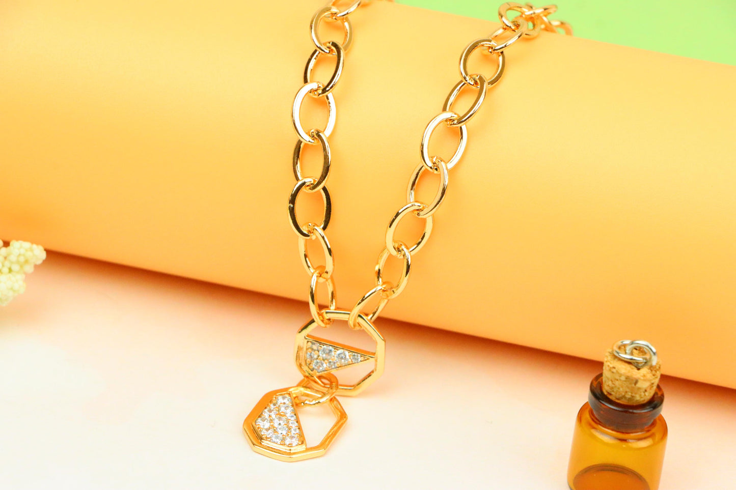 Rose Gold Chunky Chain Necklace with Crystal Geometric Charms, XPNL1889 (2160-2)