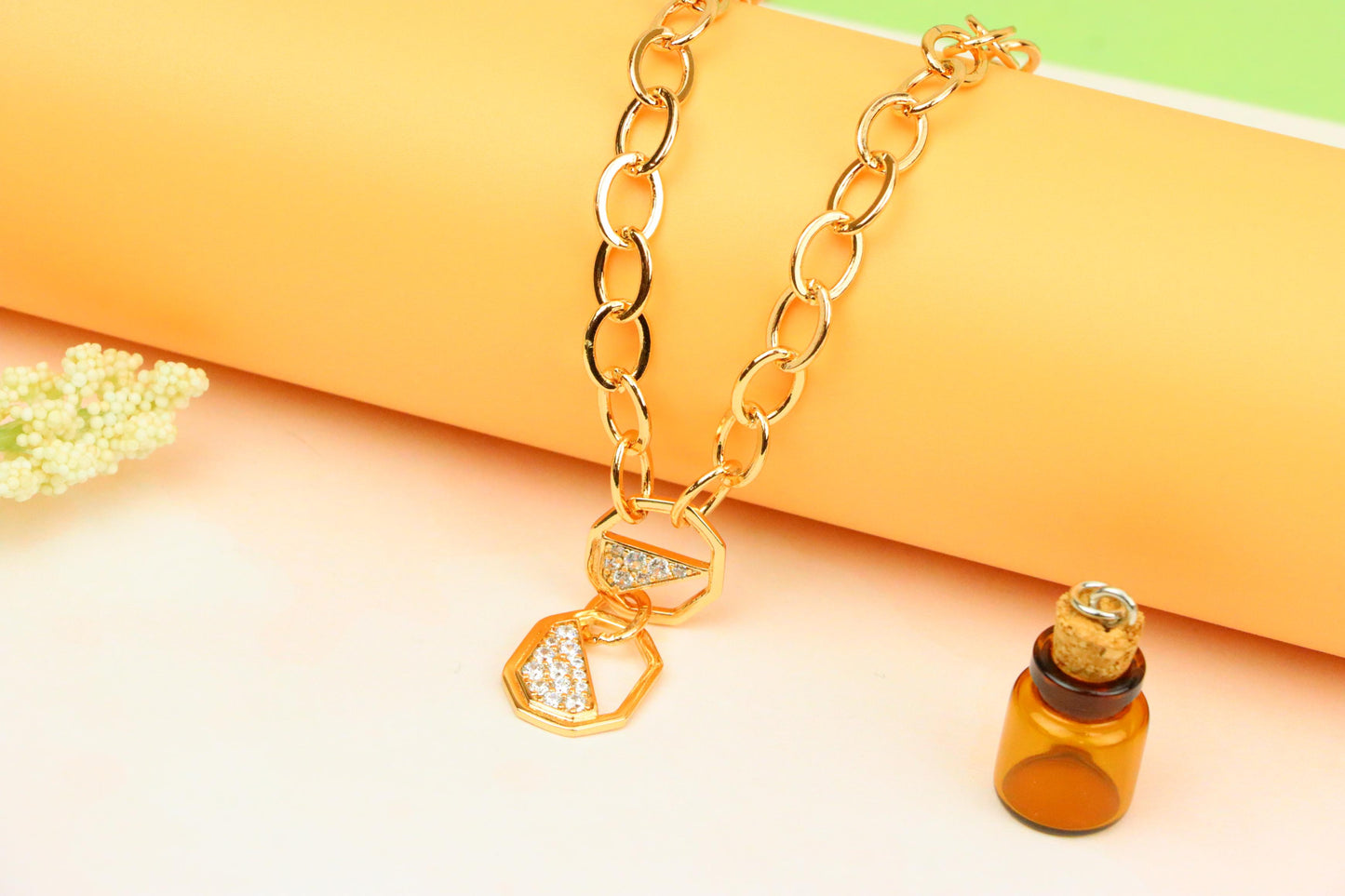 Rose Gold Chunky Chain Necklace with Crystal Geometric Charms, XPNL1889 (2160-2)