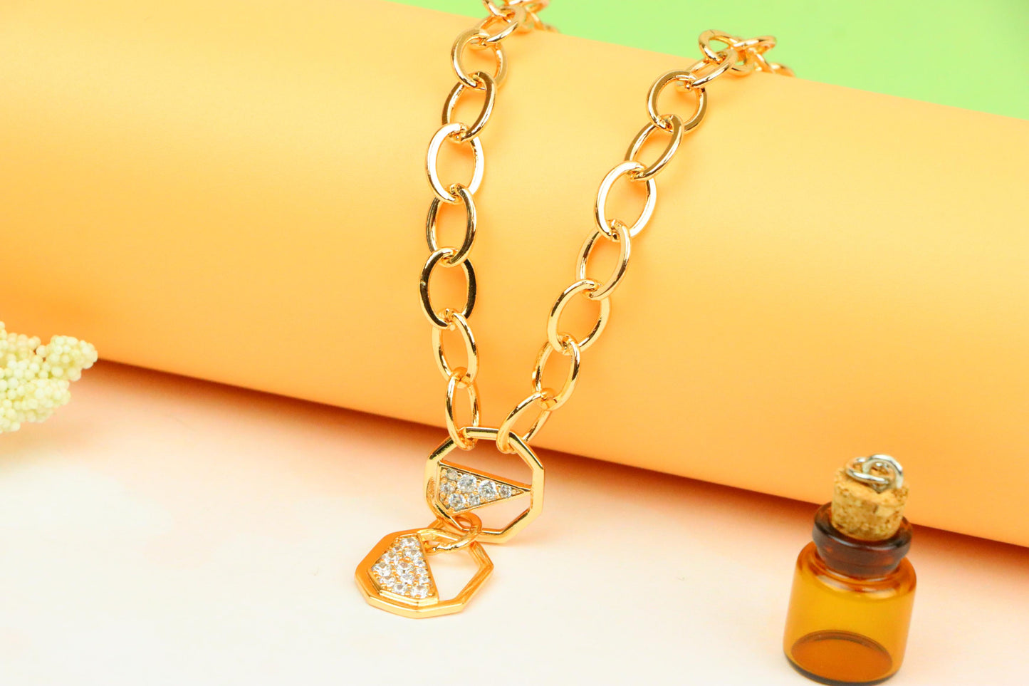 Rose Gold Chunky Chain Necklace with Crystal Geometric Charms, XPNL1889 (2160-2)