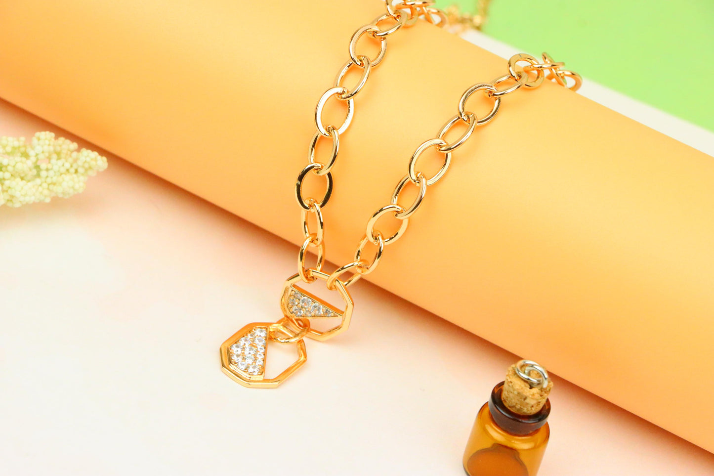 Rose Gold Chunky Chain Necklace with Crystal Geometric Charms, XPNL1889 (2160-2)