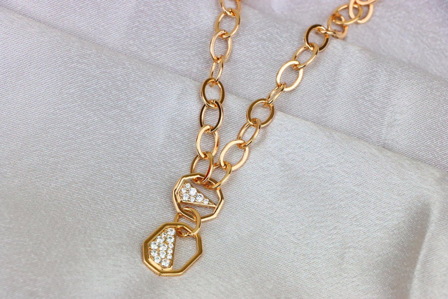 Rose Gold Chunky Chain Necklace with Crystal Geometric Charms, XPNL1889 (2160-2)