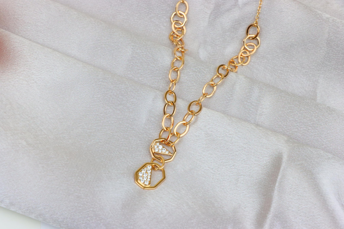 Rose Gold Chunky Chain Necklace with Crystal Geometric Charms, XPNL1889 (2160-2)