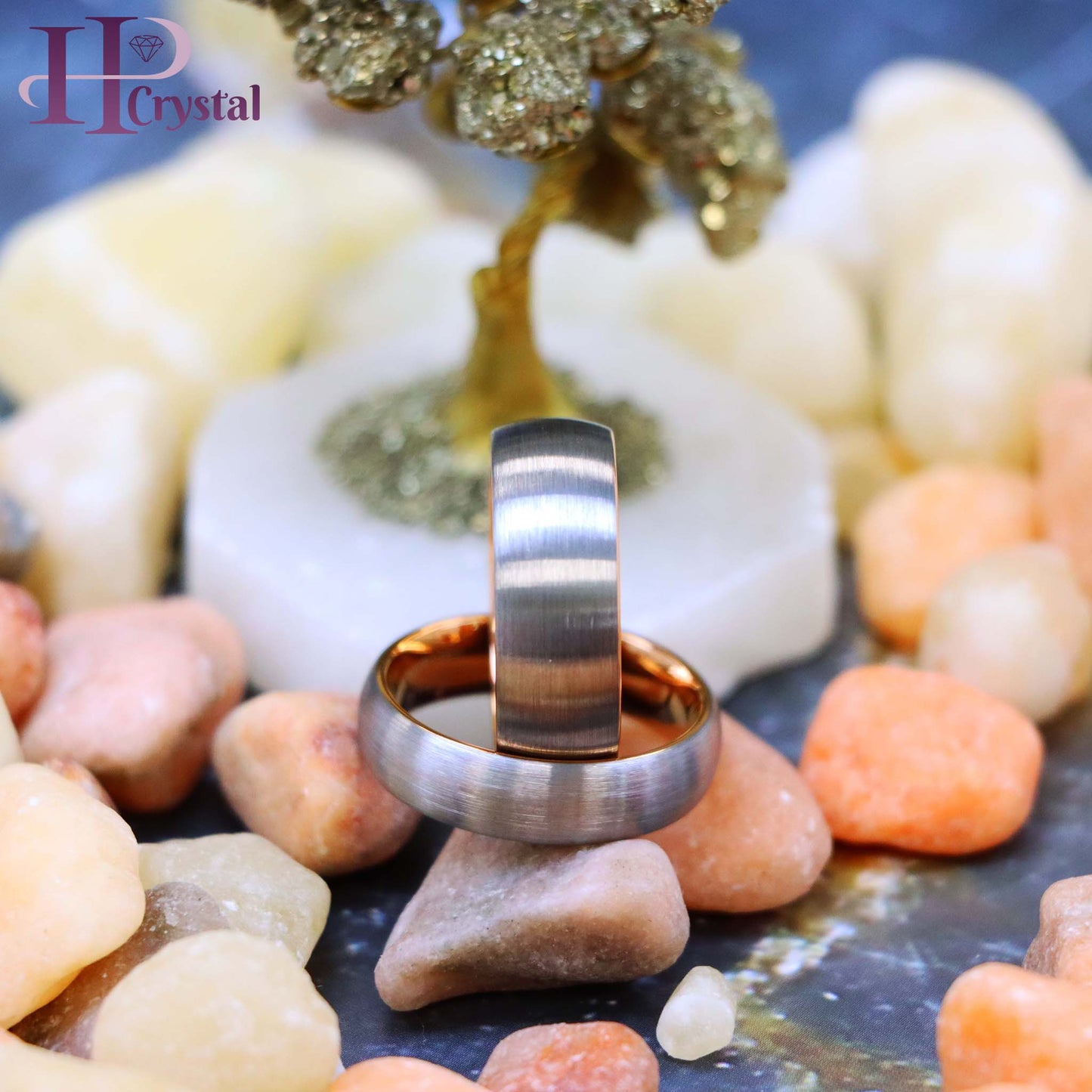 Domed Rose Gold IP Plated Inside & Gun Metal Brushed Center Tungsten Ring