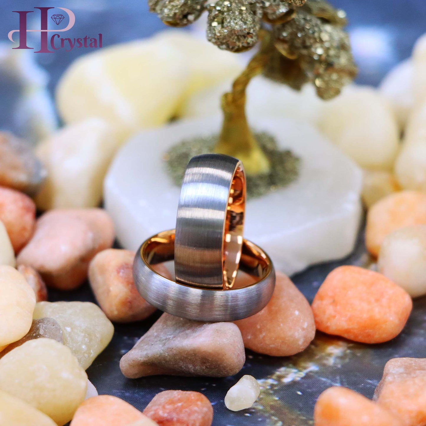 Domed Rose Gold IP Plated Inside & Gun Metal Brushed Center Tungsten Ring