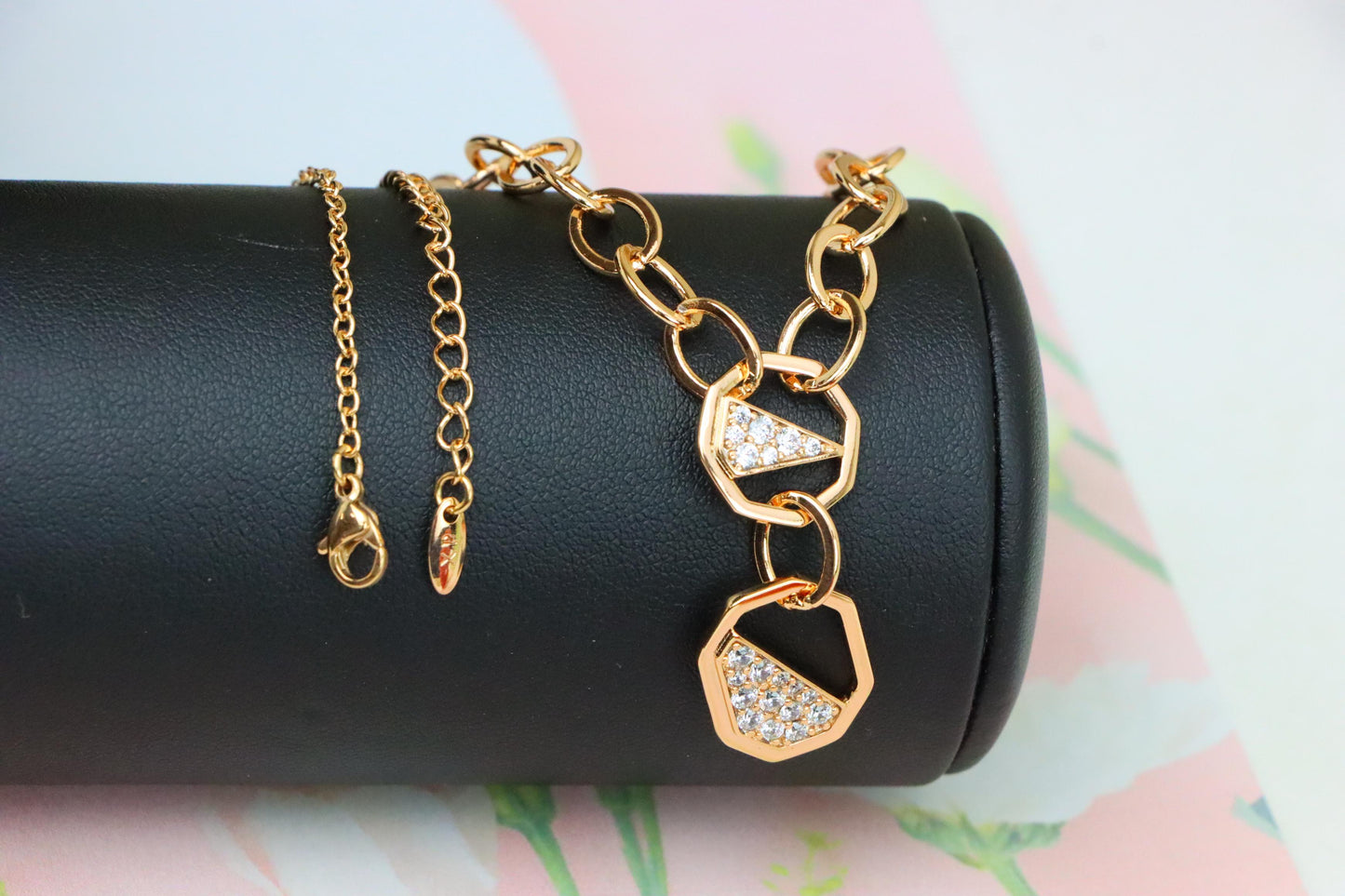 Rose Gold Chunky Chain Necklace with Crystal Geometric Charms, XPNL1889 (2160-2)