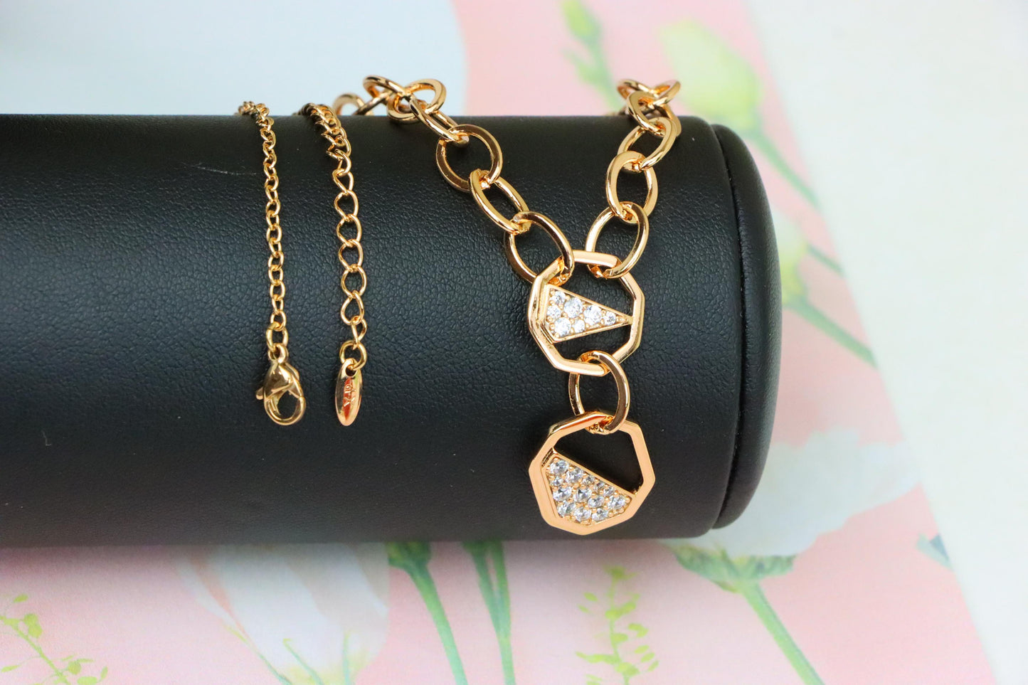 Rose Gold Chunky Chain Necklace with Crystal Geometric Charms, XPNL1889 (2160-2)