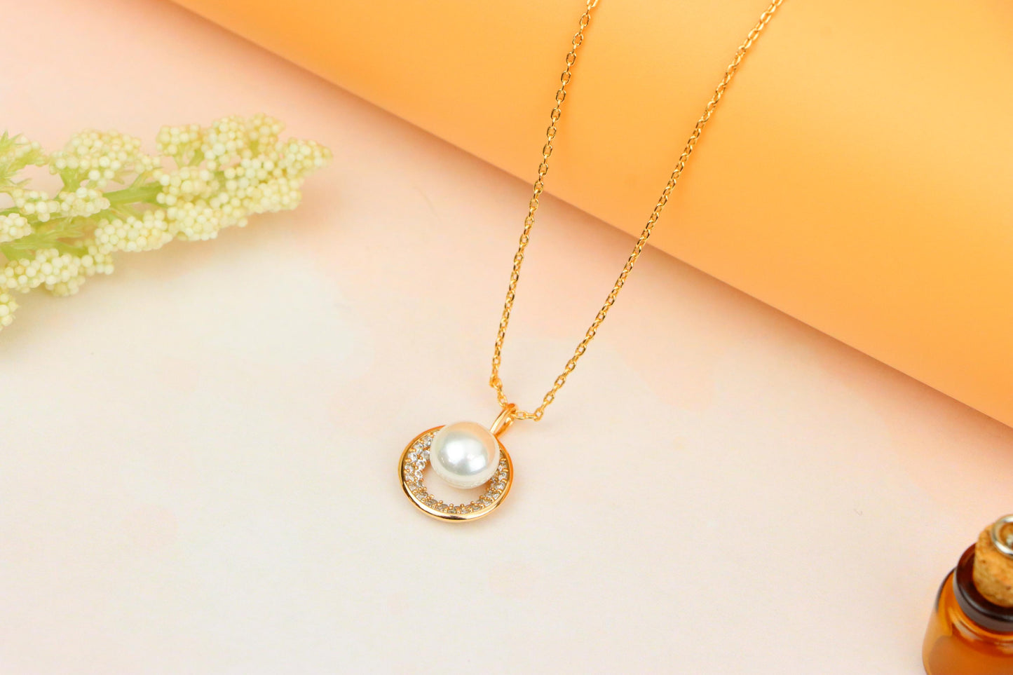 Rose Gold Circle Pendant Necklace with Pearl and Crystal Accents, XPNL1890 (2160-3)