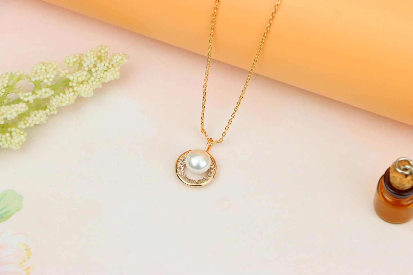Rose Gold Circle Pendant Necklace with Pearl and Crystal Accents, XPNL1890 (2160-3)