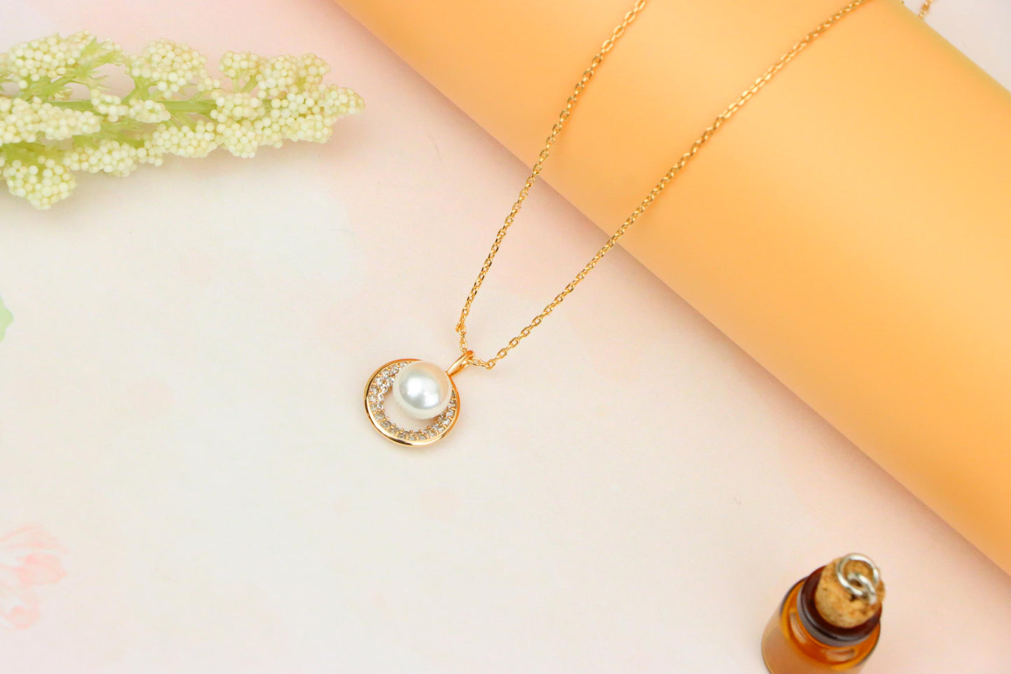 Rose Gold Circle Pendant Necklace with Pearl and Crystal Accents, XPNL1890 (2160-3)