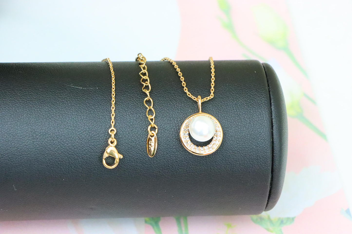Rose Gold Circle Pendant Necklace with Pearl and Crystal Accents, XPNL1890 (2160-3)