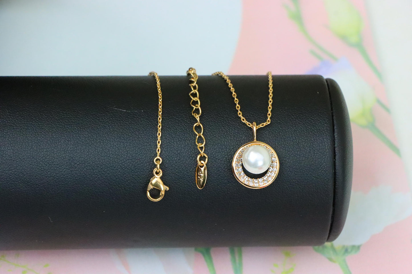 Rose Gold Circle Pendant Necklace with Pearl and Crystal Accents, XPNL1890 (2160-3)