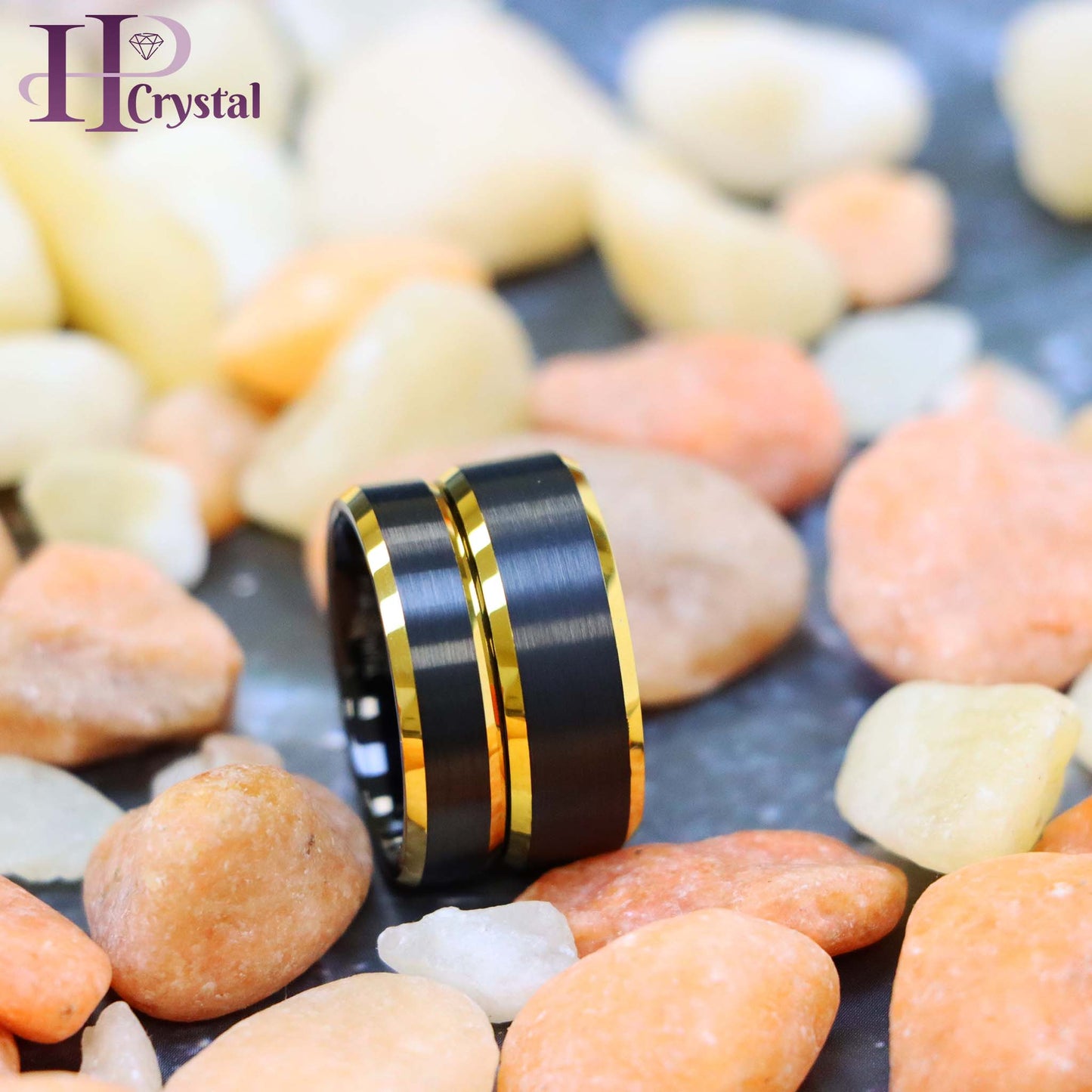 Black & Yellow Gold IP Brushed Center Beveled Edge Tungsten Ring