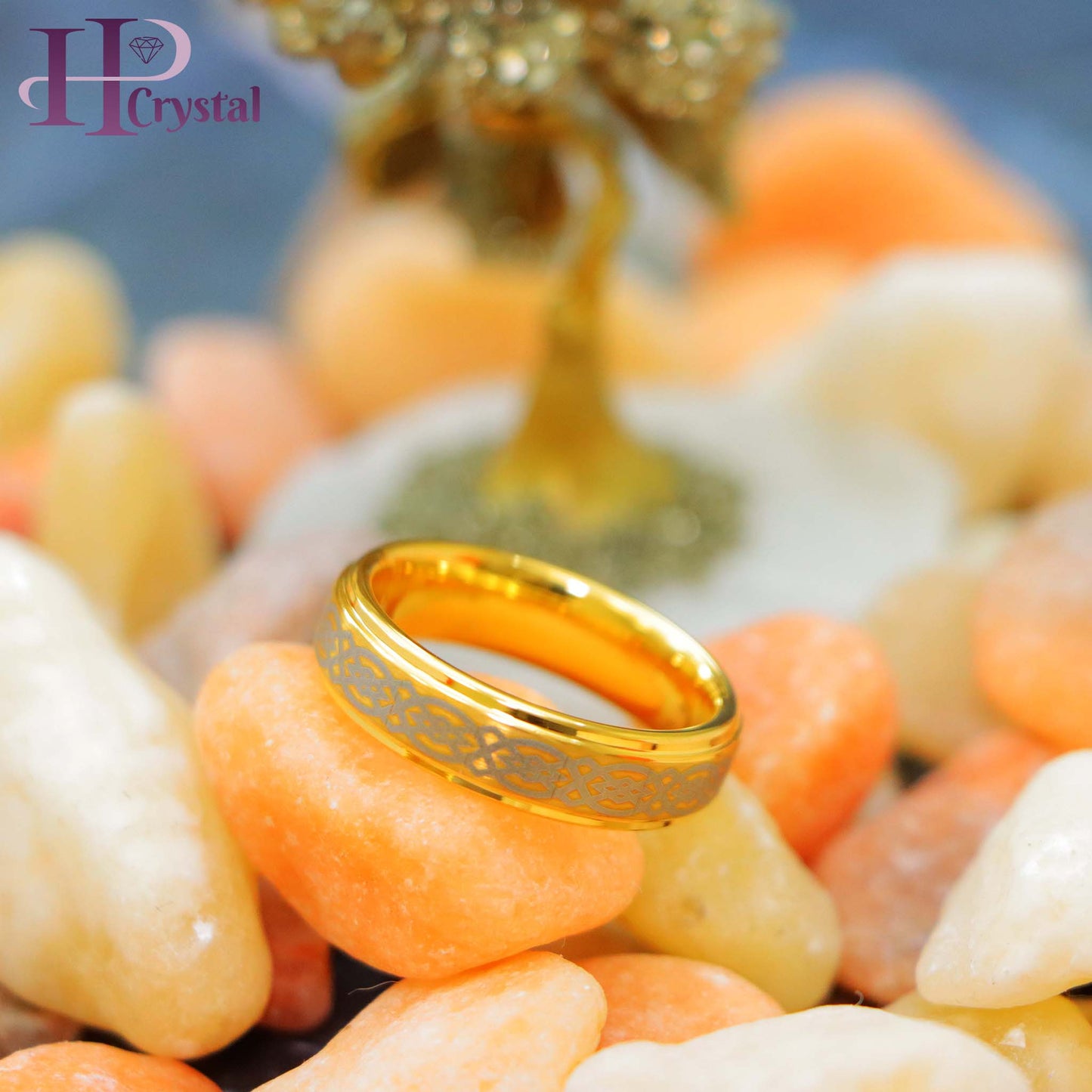 Yellow Gold Plated High Polish Laser Engraved Celtic Knot Pattern Tungsten Ring (MARET327)