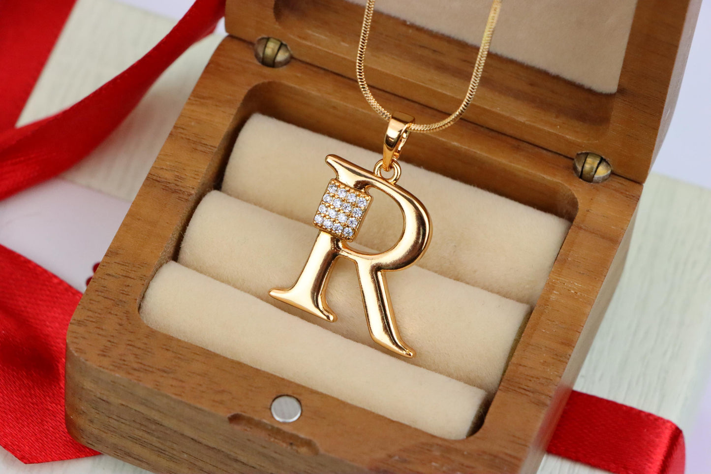 Rose Gold R Letter Pendant with CZ Accent, XPPT1429 (2136-1)