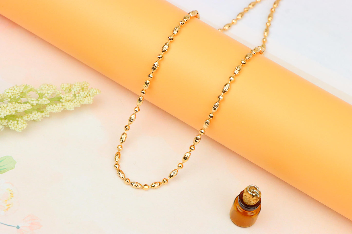 Elegant Rose Gold Chain Necklace with Intricate Oval Bead Links, XPNL1891 (2160-4)