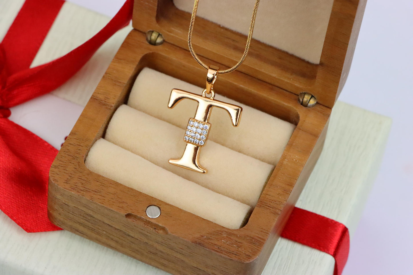Rose Gold T Letter Pendant with Sparkling CZ Stylish Charm, XPPT1431 (2136-1)