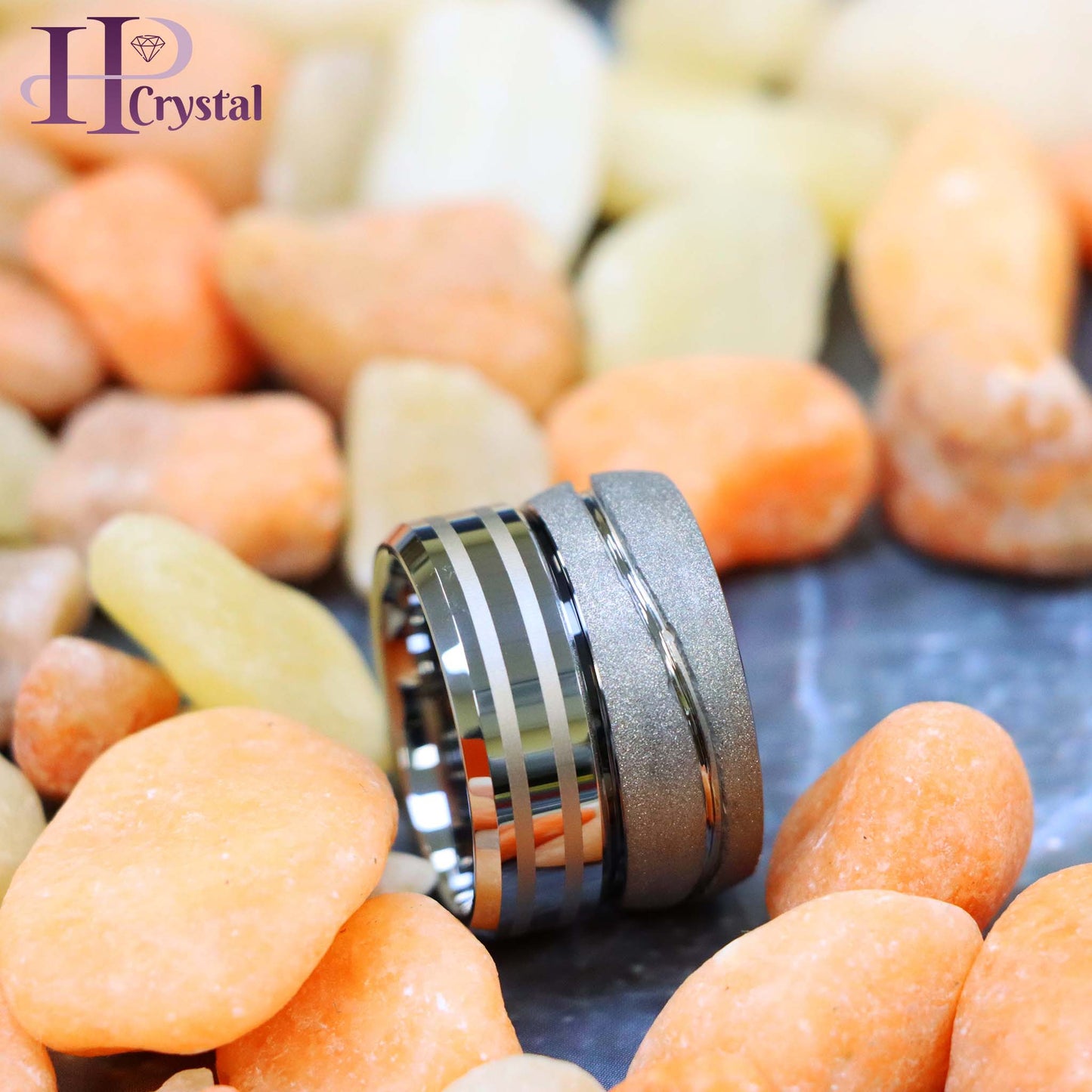 Swirl Design Tungsten Ring – High Polish Rough Stone Two-Line Laser Engraving, Frosted Finish