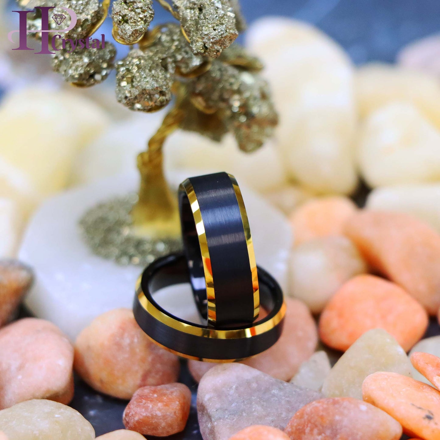 Black & Yellow Gold IP Brushed Center Beveled Edge Tungsten Ring