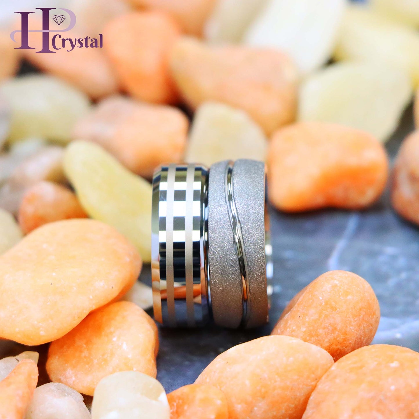 Swirl Design Tungsten Ring – High Polish Rough Stone Two-Line Laser Engraving, Frosted Finish