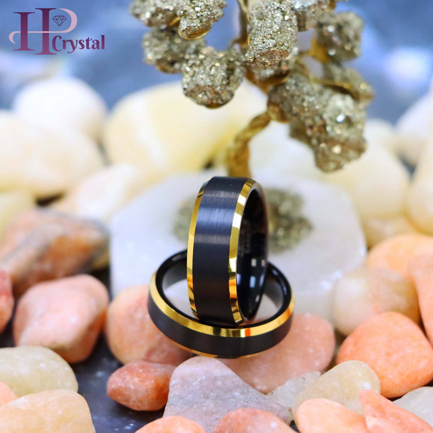 Black & Yellow Gold IP Brushed Center Beveled Edge Tungsten Ring