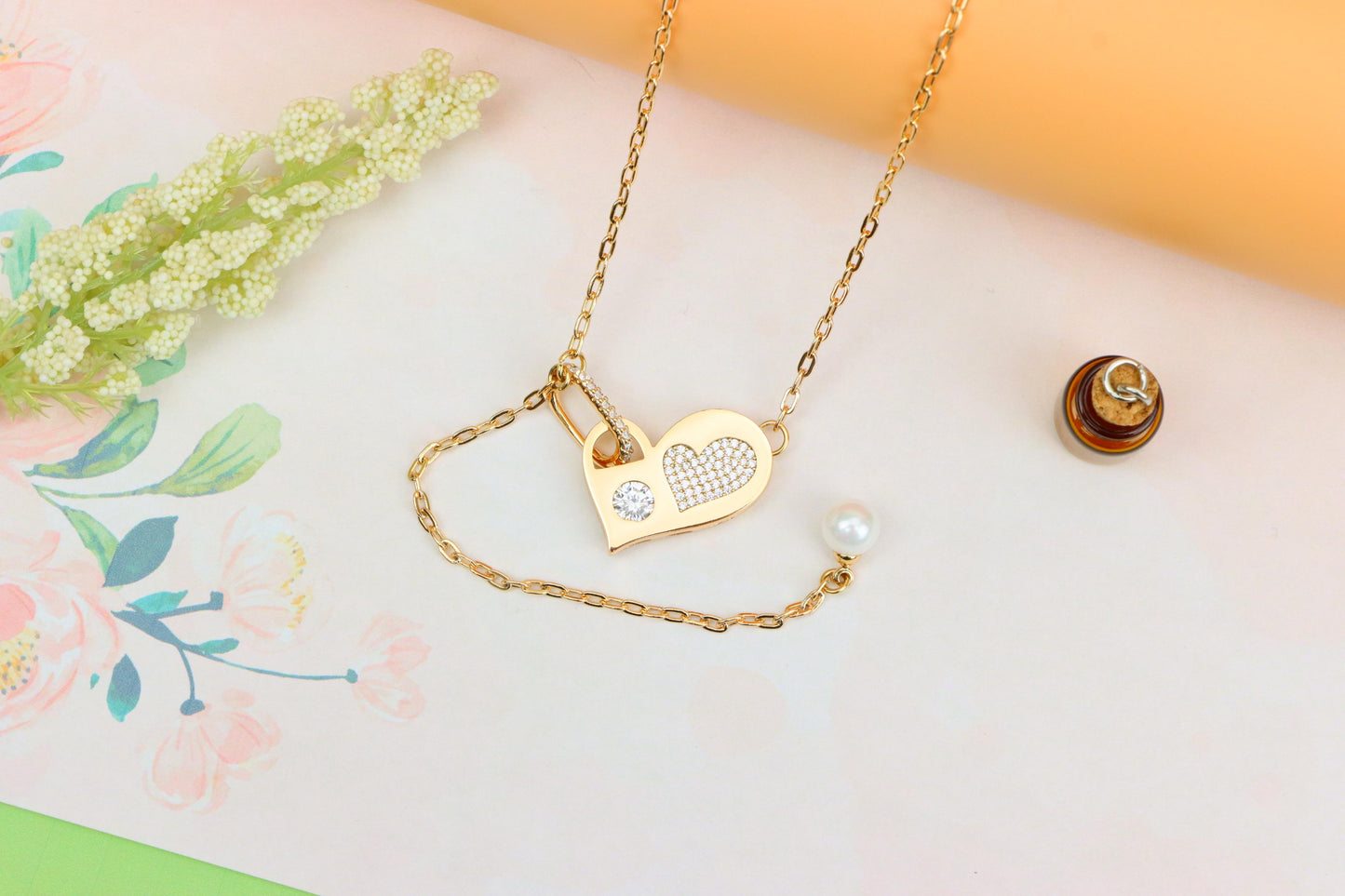 Rose Gold Heart Pendant Necklace with Pearl & Crystal Accents, XPNL1893 (2160-6)