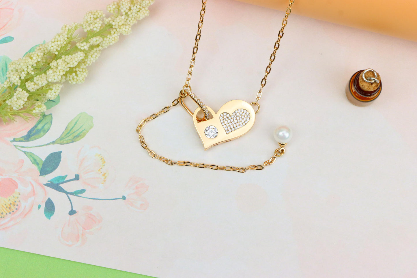 Rose Gold Heart Pendant Necklace with Pearl & Crystal Accents, XPNL1893 (2160-6)