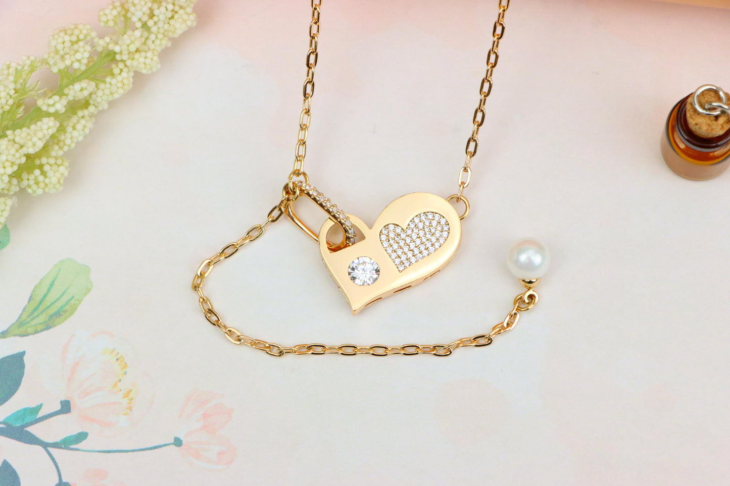 Rose Gold Heart Pendant Necklace with Pearl & Crystal Accents, XPNL1893 (2160-6)