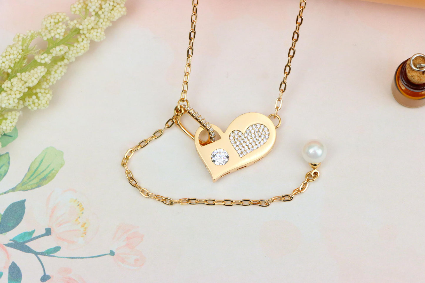 Rose Gold Heart Pendant Necklace with Pearl & Crystal Accents, XPNL1893 (2160-6)