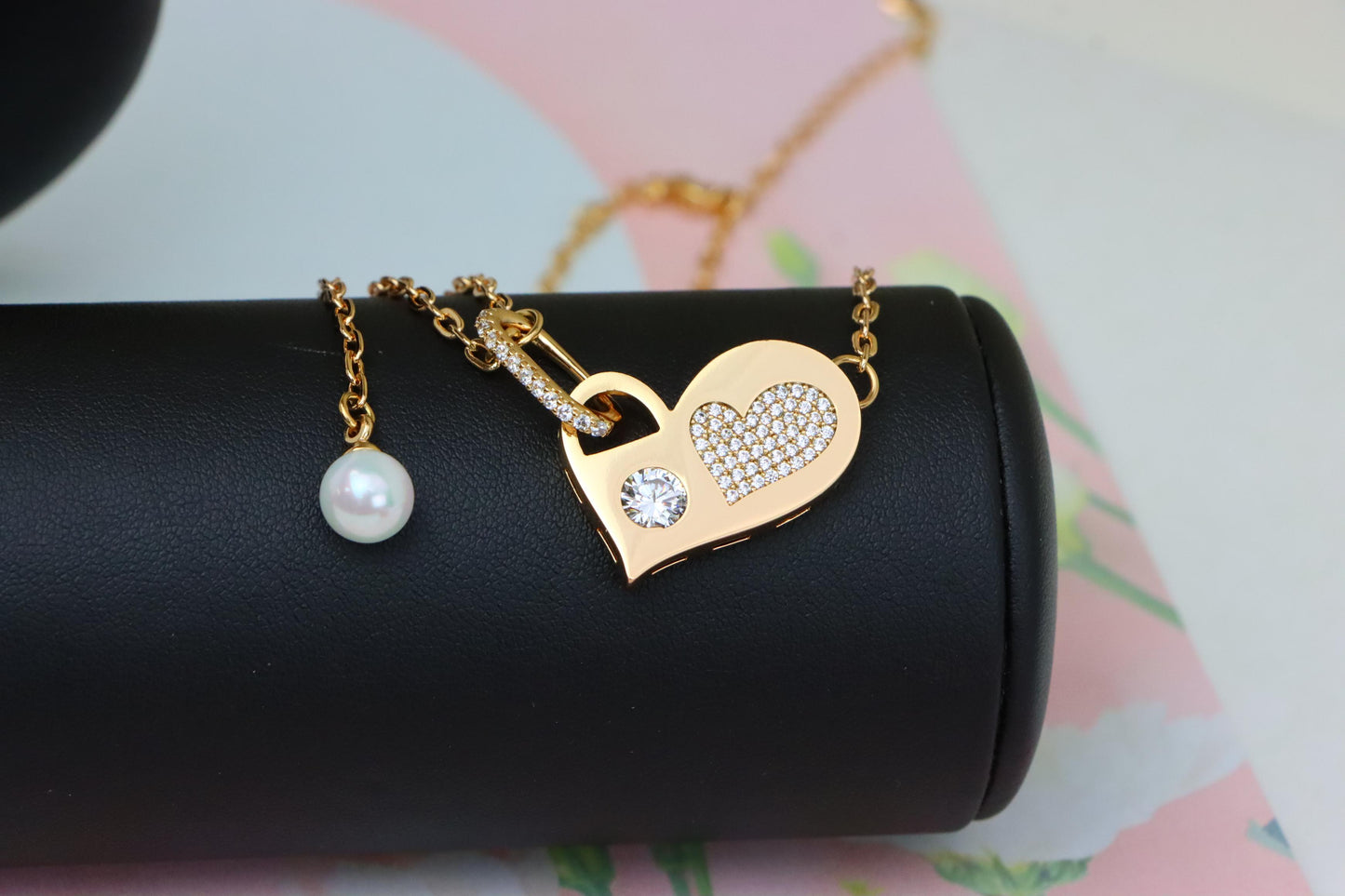 Rose Gold Heart Pendant Necklace with Pearl & Crystal Accents, XPNL1893 (2160-6)