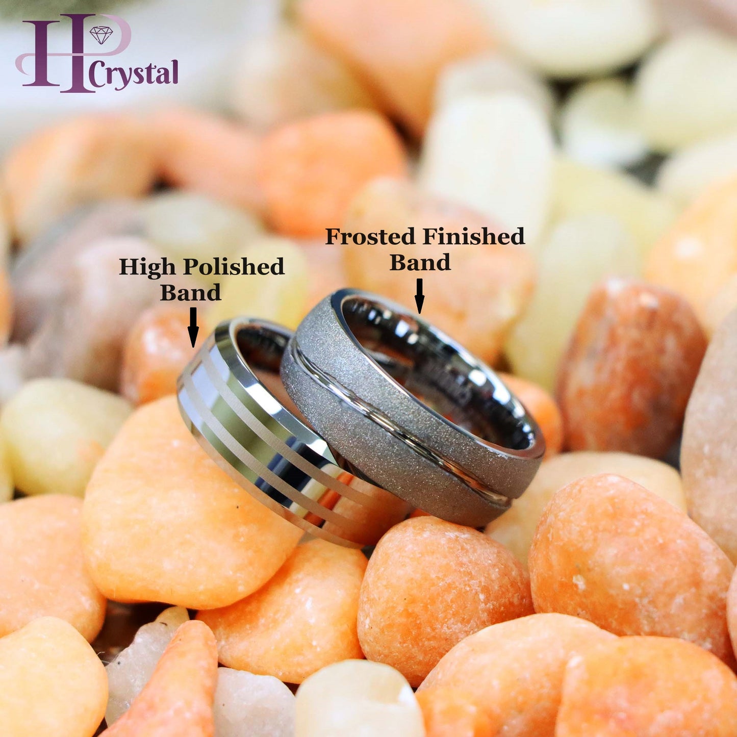 Swirl Design Tungsten Ring – High Polish Rough Stone Two-Line Laser Engraving, Frosted Finish