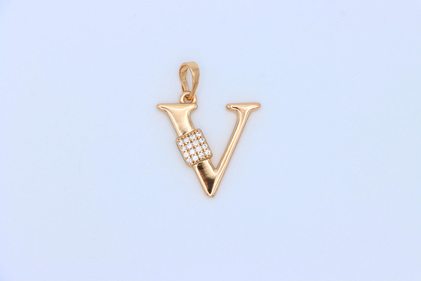 Rose Gold V Letter Pendant with CZ Accents, XPPT1433 (2136-1)