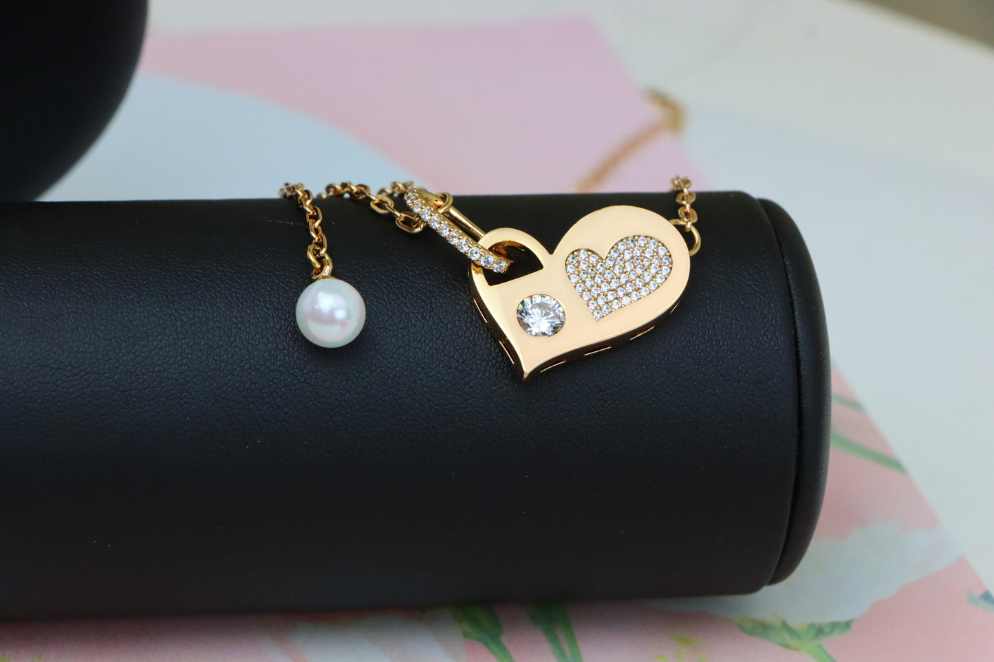 Rose Gold Heart Pendant Necklace with Pearl & Crystal Accents, XPNL1893 (2160-6)