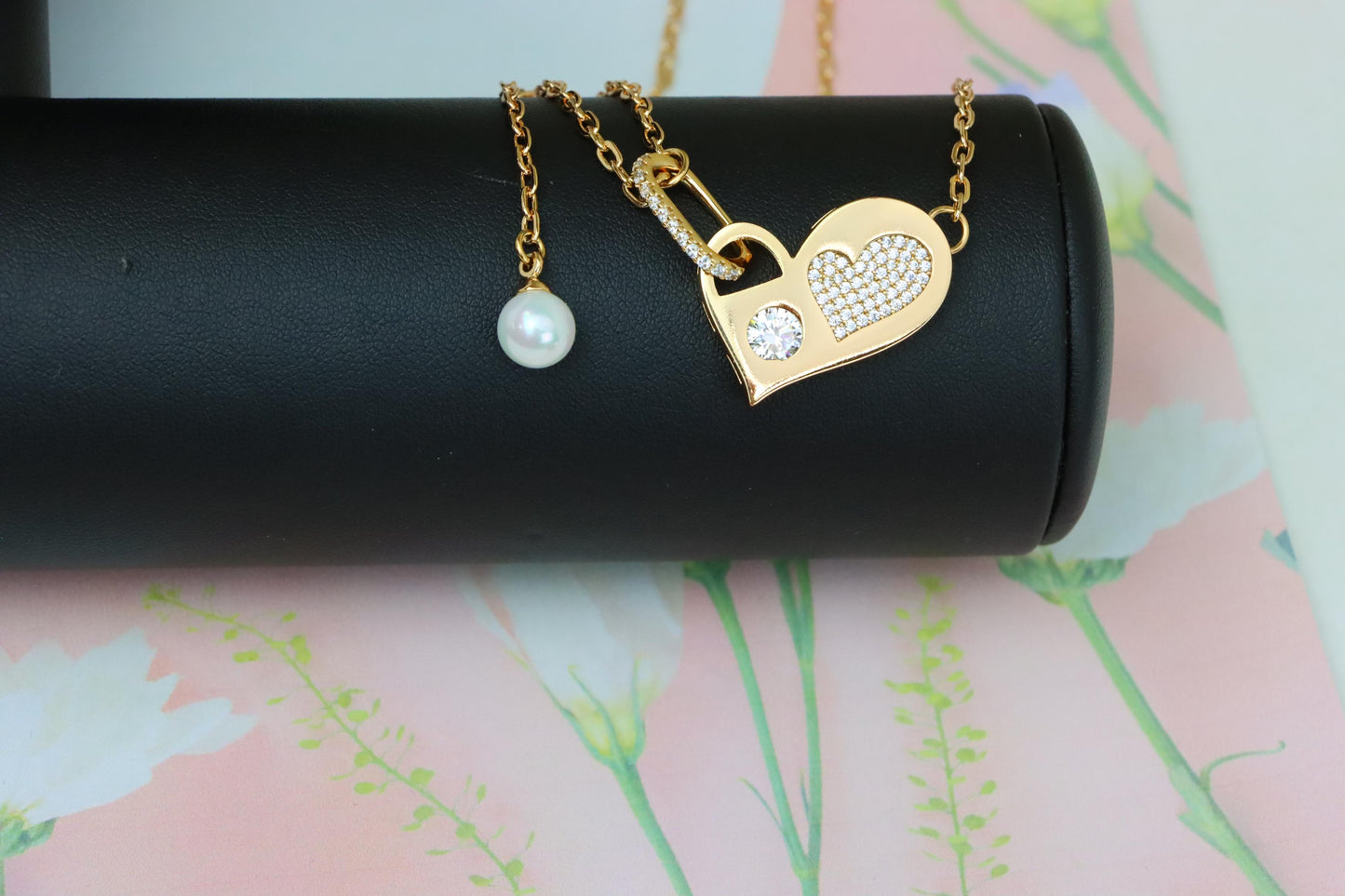 Rose Gold Heart Pendant Necklace with Pearl & Crystal Accents, XPNL1893 (2160-6)