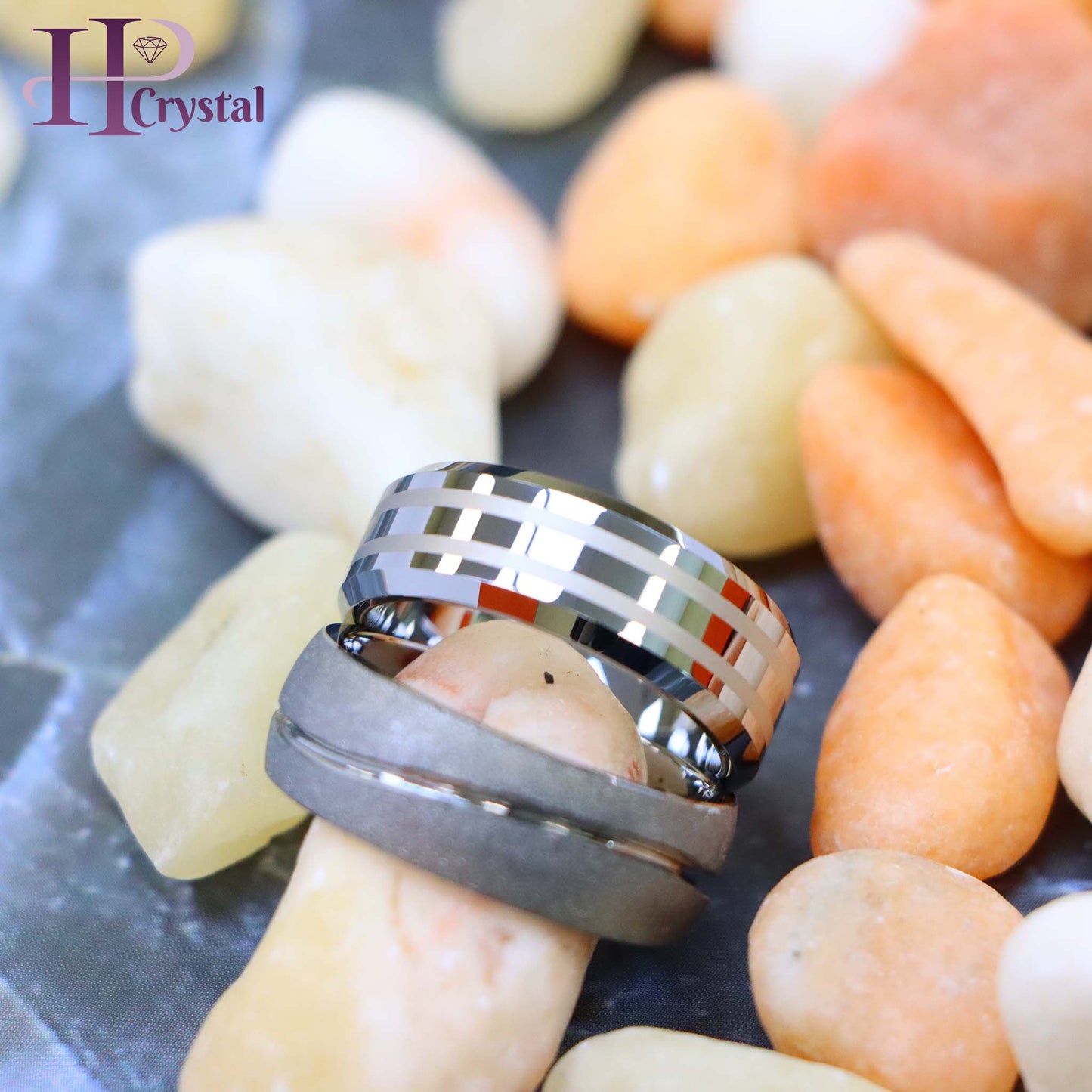 Swirl Design Tungsten Ring – High Polish Rough Stone Two-Line Laser Engraving, Frosted Finish
