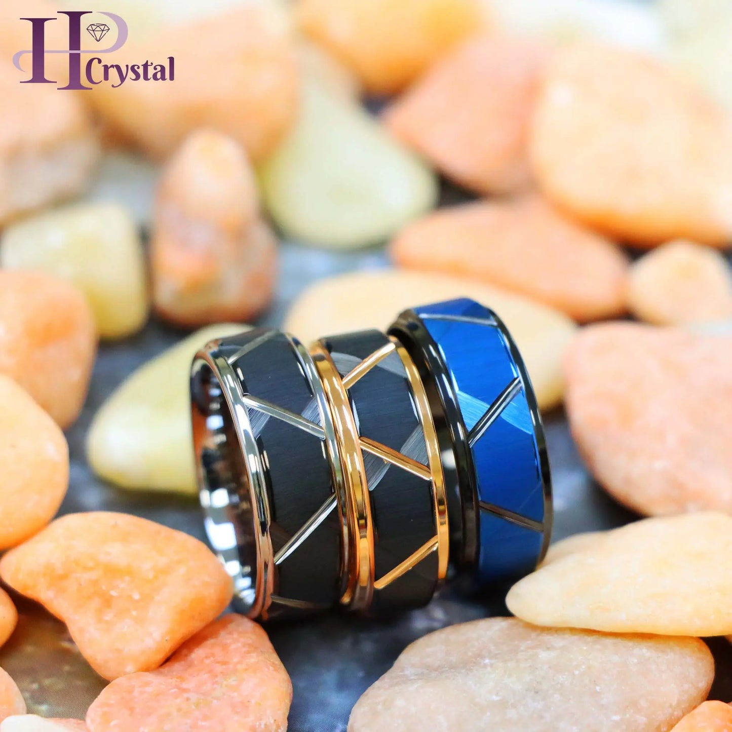Blue & Black/Black/Rose Gold/Black/Silver IP Plated Trapezoids Stepped Edge Tungsten Ring