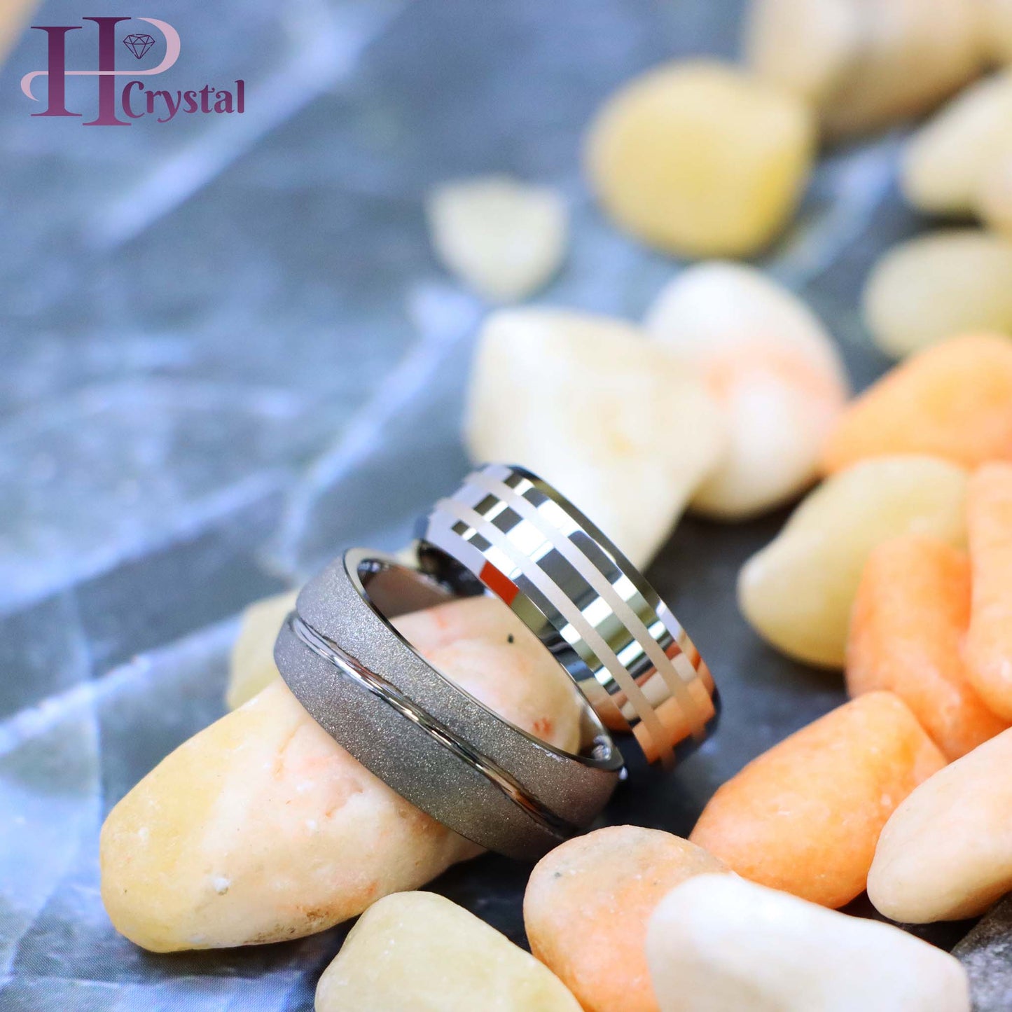 Swirl Design Tungsten Ring – High Polish Rough Stone Two-Line Laser Engraving, Frosted Finish