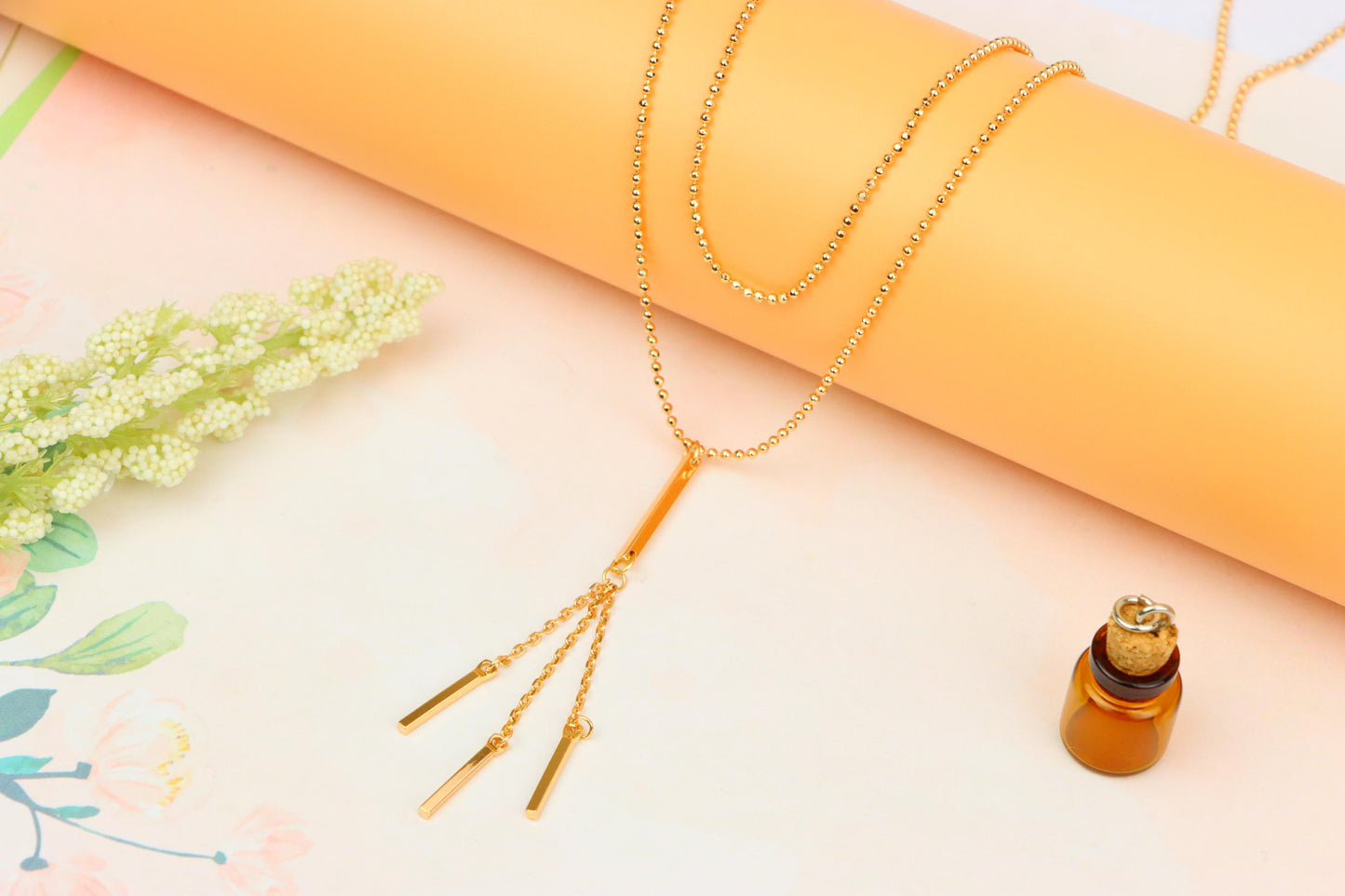 Elegant Double Layer Rose Gold Drop Pendant Necklace, XPNL1894 (2160-7)