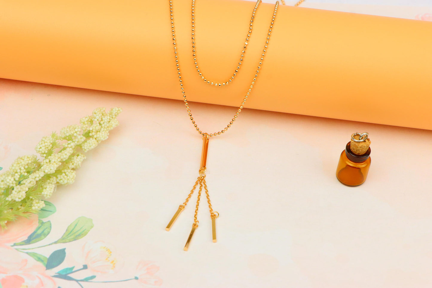 Elegant Double Layer Rose Gold Drop Pendant Necklace, XPNL1894 (2160-7)