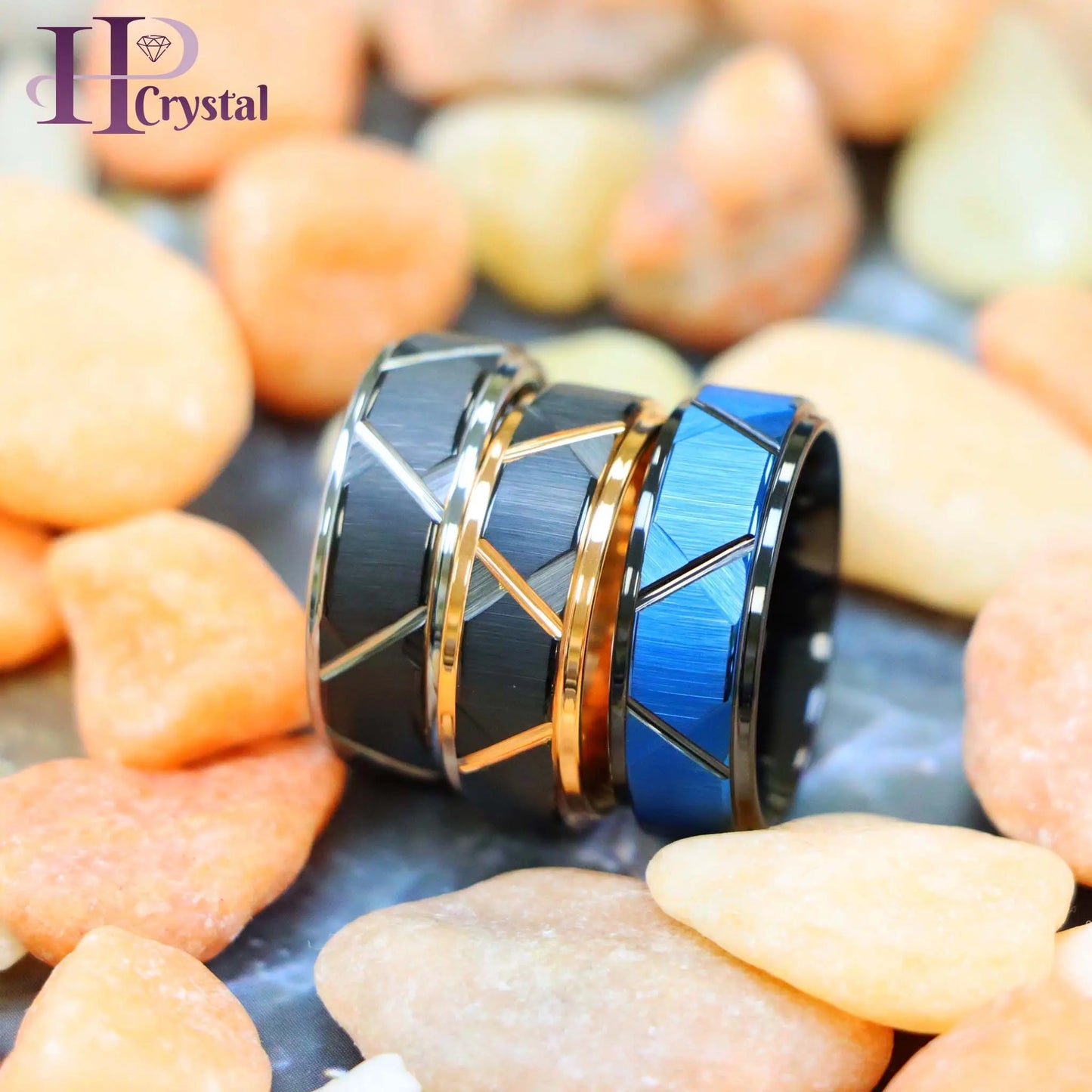 Blue & Black/Black/Rose Gold/Black/Silver IP Plated Trapezoids Stepped Edge Tungsten Ring